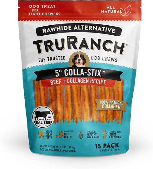 TRURANCH All-Natural Rawhide Free Dog Treats, 5" Sticks (Beef), with Hydrolyzed Collagen 50% Protein, Healthy Treats, Limited Ingredients Dog Chew, for Small, Medium, and Large Dogs